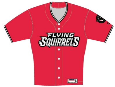 Red baseball jersey with 'Flying Squirrels' logo on a white background