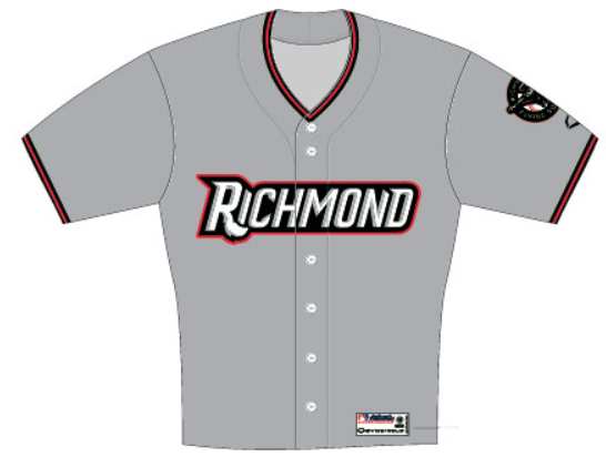 Gray baseball jersey with 'Richmond' logo on a white background
